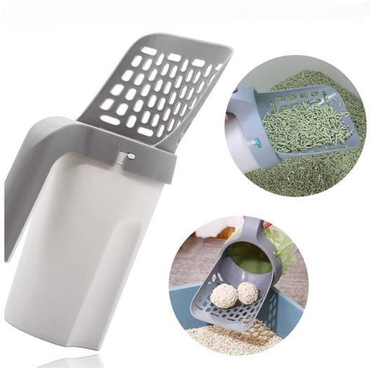 Pá cinza e branca para limpar caixa de areia de gato, com recipiente e furos para peneirar.