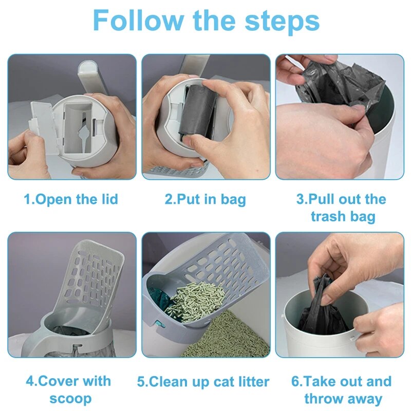 Passo a passo para usar recipiente coletor de lixo de areia de gato com pá, mostrando como colocar e retirar saco higiênico.