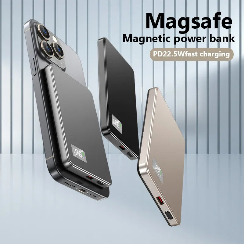 Power bank magnético MagSafe para iPhone, design fino, carregamento rápido PD22.5W.