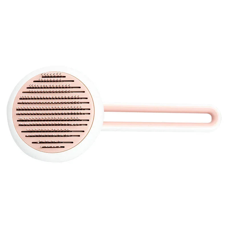 Raspador de pelos para sofá e roupas, circular, cor rosa e branca, com cabo longo.