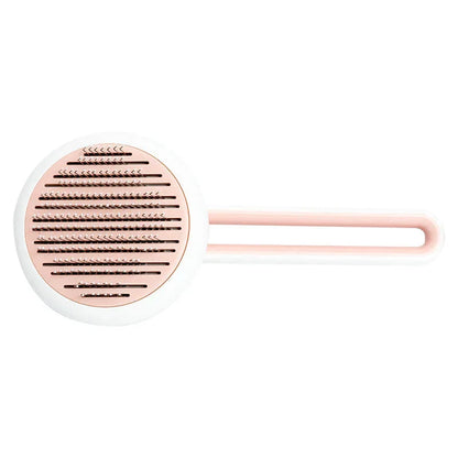 Raspador de pelos para sofá e roupas, circular, cor rosa e branca, com cabo longo.